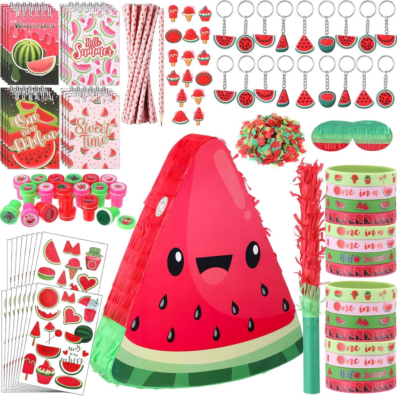 113 Pcs Watermelon Piñata for Kids Boys Girls Birthday, One in a Melon Party Decorations Summer Fruit Party Game Supplies